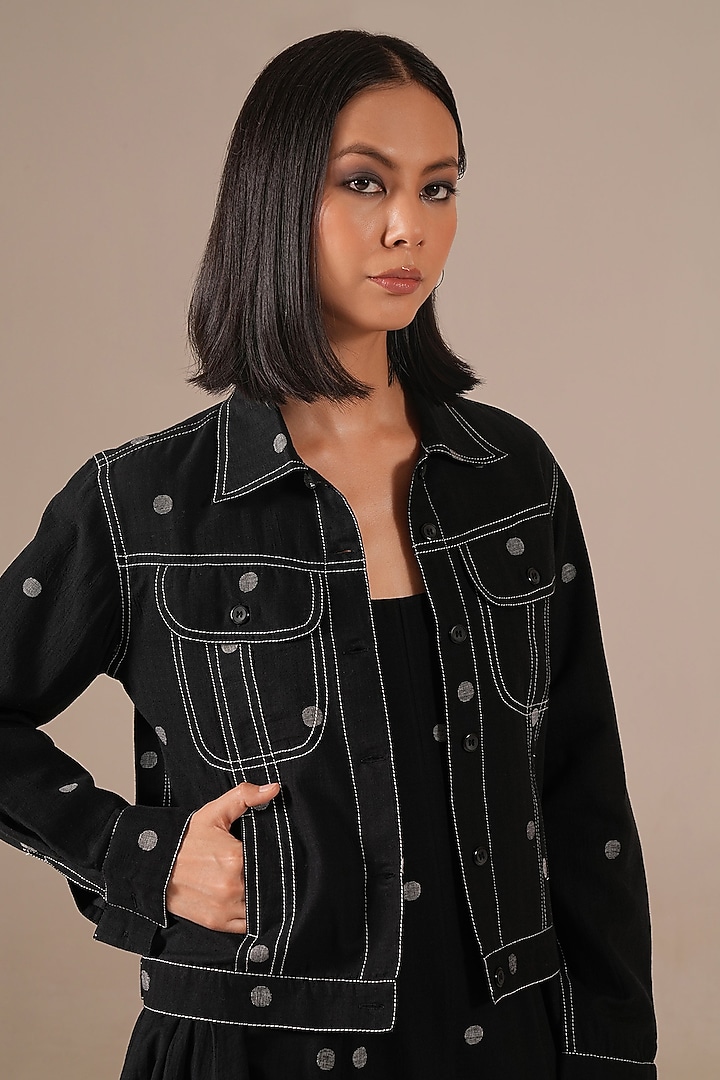 Black Handwoven Jamdani & Cotton Jacket Vacation Dress by Indigo Dreams at Pernia's Pop Up Shop