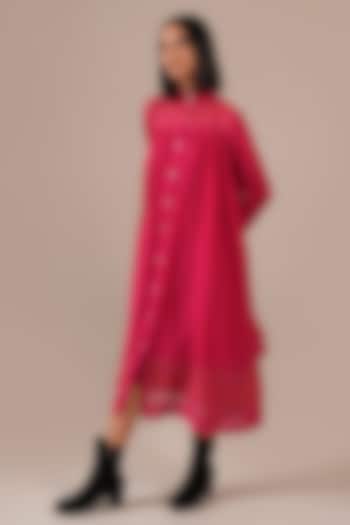Red & Pink Handwoven Jamdani Tiered Vacation Shirt Dress by Indigo Dreams at Pernia's Pop Up Shop
