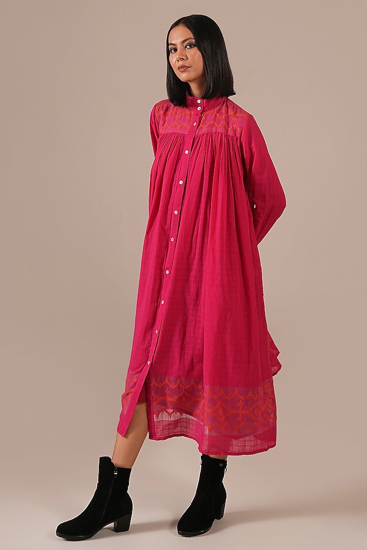 Red & Pink Handwoven Jamdani Tiered Vacation Shirt Dress by Indigo Dreams at Pernia's Pop Up Shop