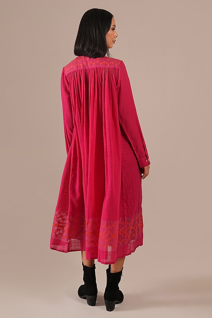 Red & Pink Handwoven Jamdani Tiered Vacation Shirt Dress by Indigo Dreams at Pernia's Pop Up Shop