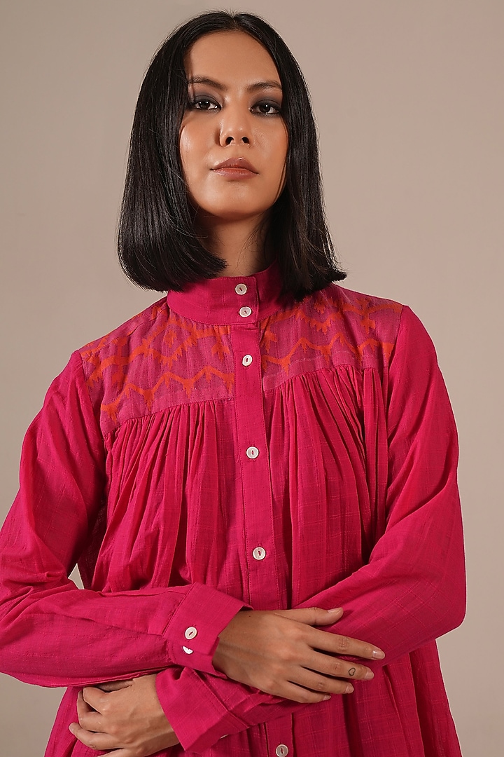 Red & Pink Handwoven Jamdani Tiered Vacation Shirt Dress by Indigo Dreams at Pernia's Pop Up Shop