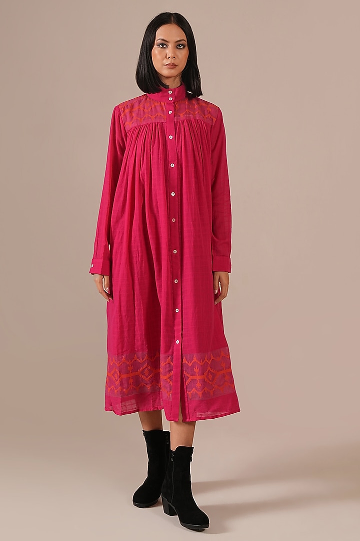 Red & Pink Handwoven Jamdani Tiered Vacation Shirt Dress by Indigo Dreams at Pernia's Pop Up Shop