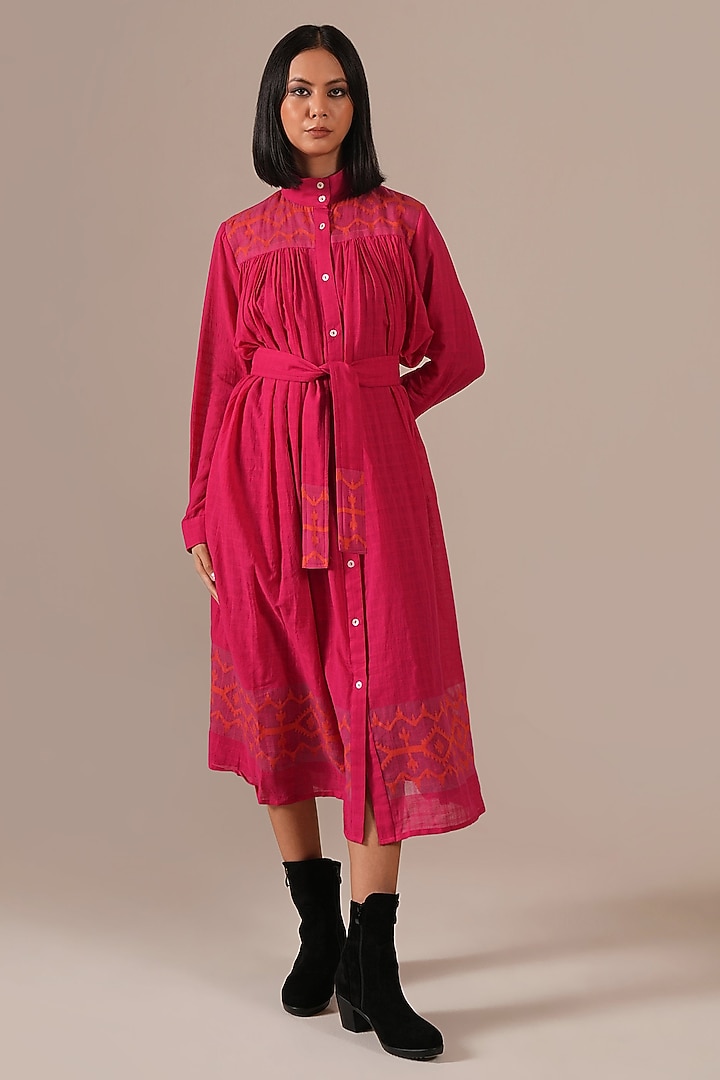 Red & Pink Handwoven Jamdani Tiered Vacation Shirt Dress by Indigo Dreams at Pernia's Pop Up Shop