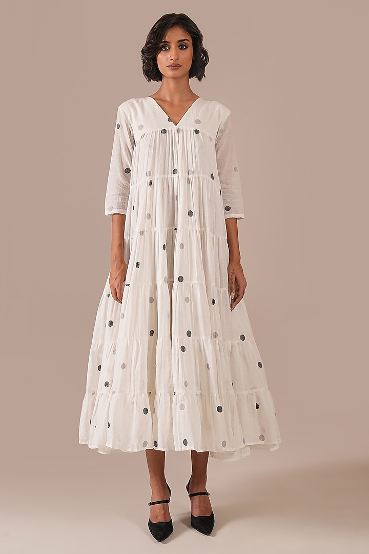Ivory Cotton V-Neck Gathered Vacation Dress by Indigo Dreams at Pernia's Pop Up Shop