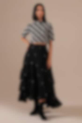 Black Handwoven Jamdani & Cotton Ruffled Layered Skirt Set by Indigo Dreams at Pernia's Pop Up Shop