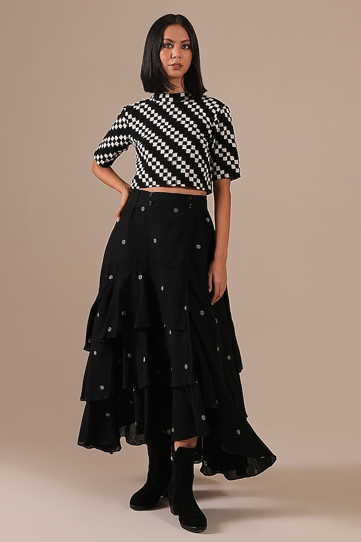 Black Handwoven Jamdani & Cotton Ruffled Layered Skirt Set by Indigo Dreams at Pernia's Pop Up Shop
