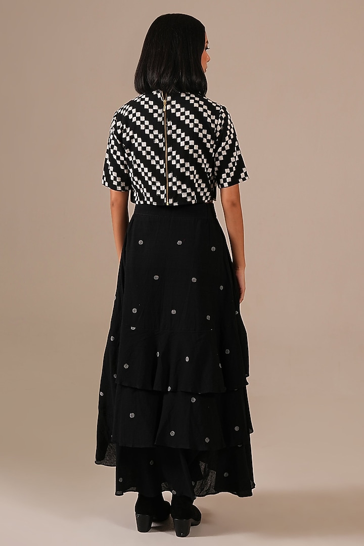 Black Handwoven Jamdani & Cotton Ruffled Layered Skirt Set by Indigo Dreams at Pernia's Pop Up Shop