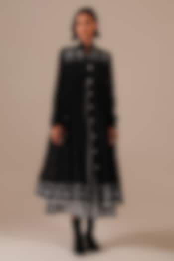 Black Handwoven Jamdani & Cotton Gathered Vacation Dress by Indigo Dreams at Pernia's Pop Up Shop