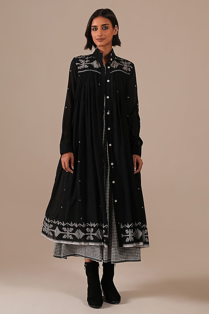 Black Handwoven Jamdani & Cotton Gathered Vacation Dress by Indigo Dreams at Pernia's Pop Up Shop