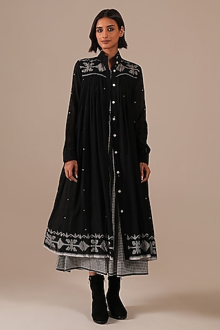 Black Handwoven Jamdani & Cotton Gathered Dress by Indigo Dreams