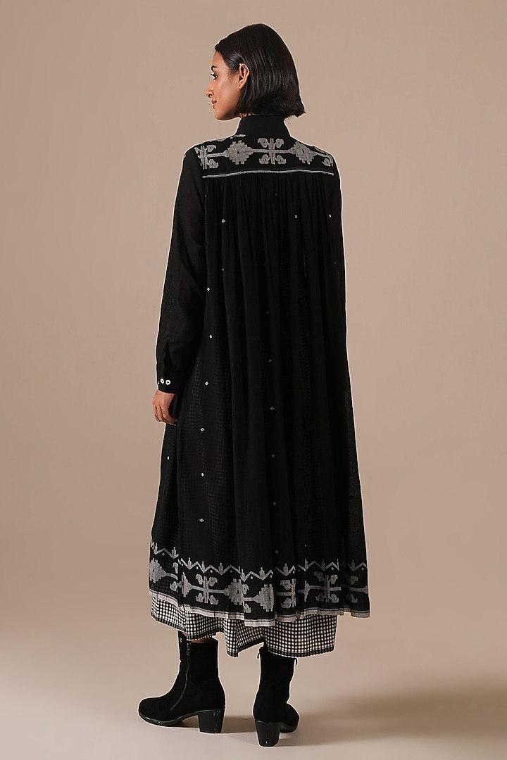Black Handwoven Jamdani & Cotton Gathered Vacation Dress by Indigo Dreams at Pernia's Pop Up Shop