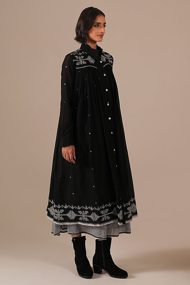 Black Handwoven Jamdani & Cotton Gathered Vacation Dress by Indigo Dreams at Pernia's Pop Up Shop