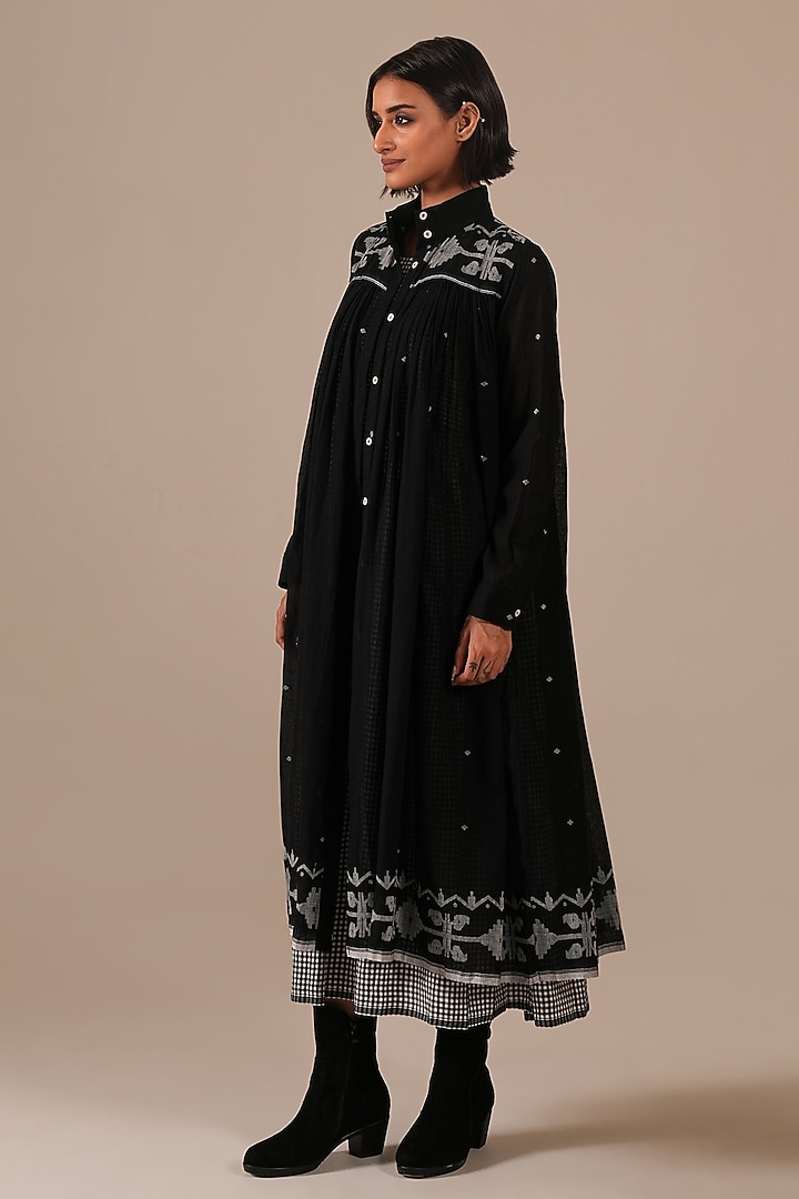 Black Handwoven Jamdani & Cotton Gathered Vacation Dress by Indigo Dreams at Pernia's Pop Up Shop