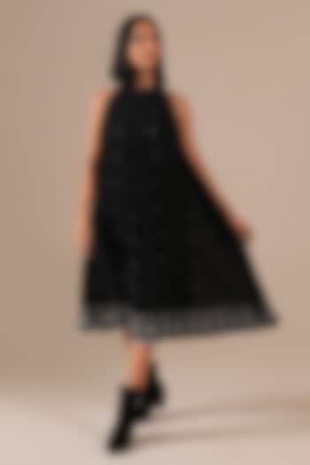 Black Handwoven Jamdani & Cotton Gathered Summer Dress by Indigo Dreams at Pernia's Pop Up Shop