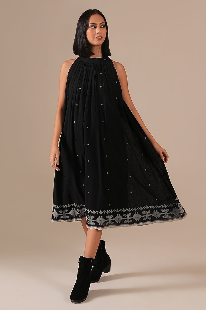 Black Handwoven Jamdani & Cotton Gathered Summer Dress by Indigo Dreams at Pernia's Pop Up Shop
