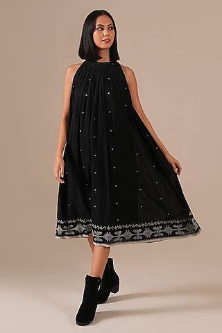 Black Handwoven Jamdani & Cotton Gathered Dress by Indigo Dreams