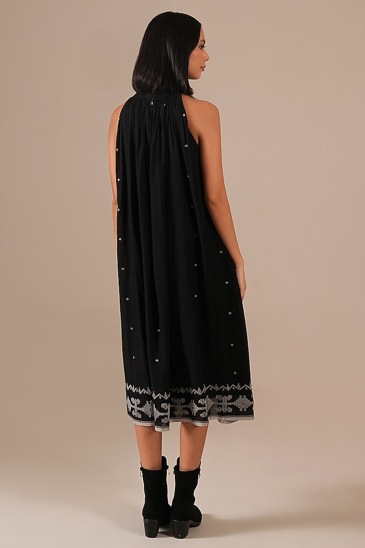 Black Handwoven Jamdani & Cotton Gathered Summer Dress by Indigo Dreams at Pernia's Pop Up Shop