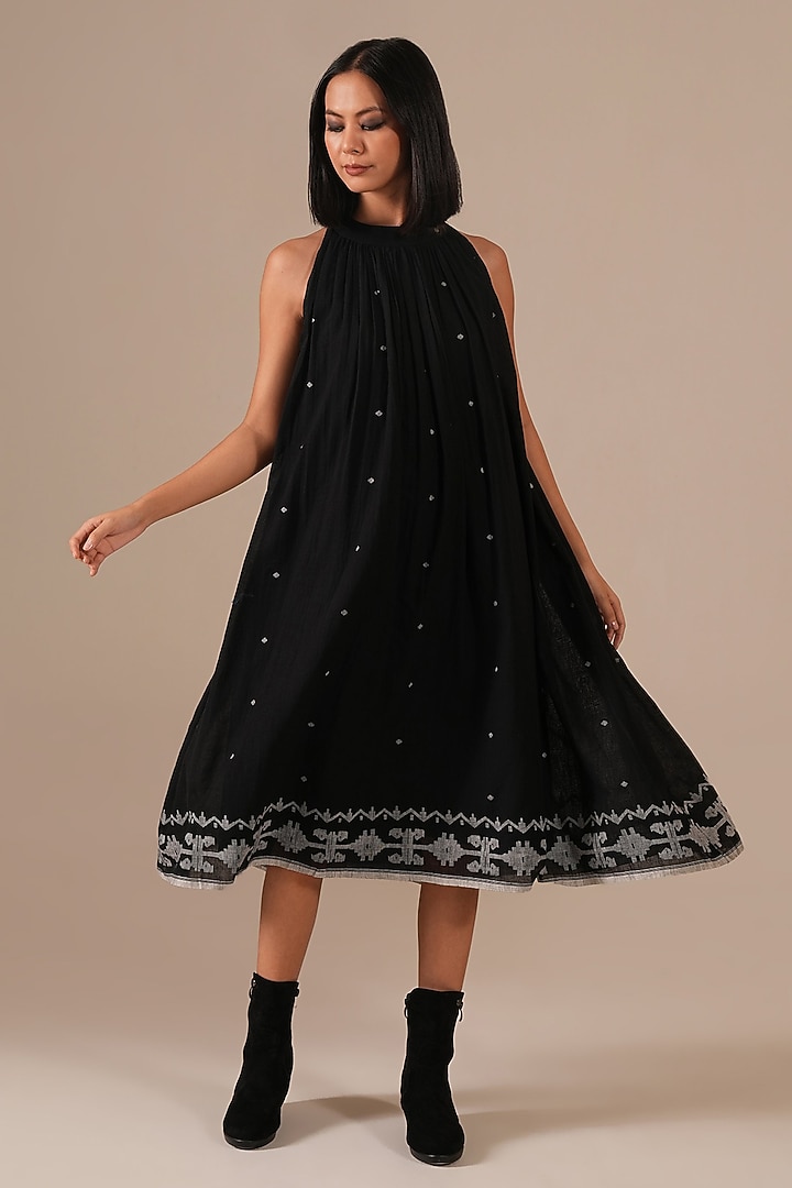 Black Handwoven Jamdani & Cotton Gathered Summer Dress by Indigo Dreams at Pernia's Pop Up Shop