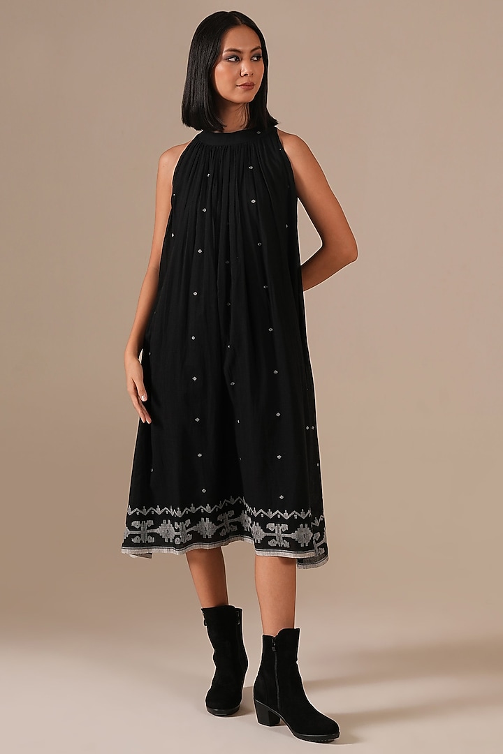 Black Handwoven Jamdani & Cotton Gathered Summer Dress by Indigo Dreams at Pernia's Pop Up Shop