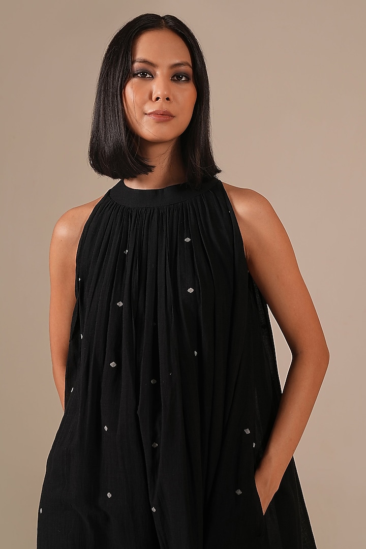 Black Handwoven Jamdani & Cotton Gathered Summer Dress by Indigo Dreams at Pernia's Pop Up Shop