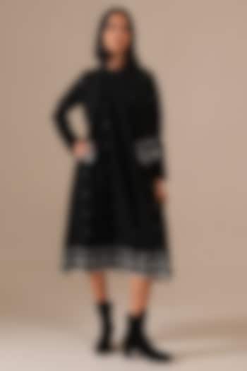 Black Handwoven Jamdani & Cotton Gathered Vacation Dress With Jacket by Indigo Dreams at Pernia's Pop Up Shop