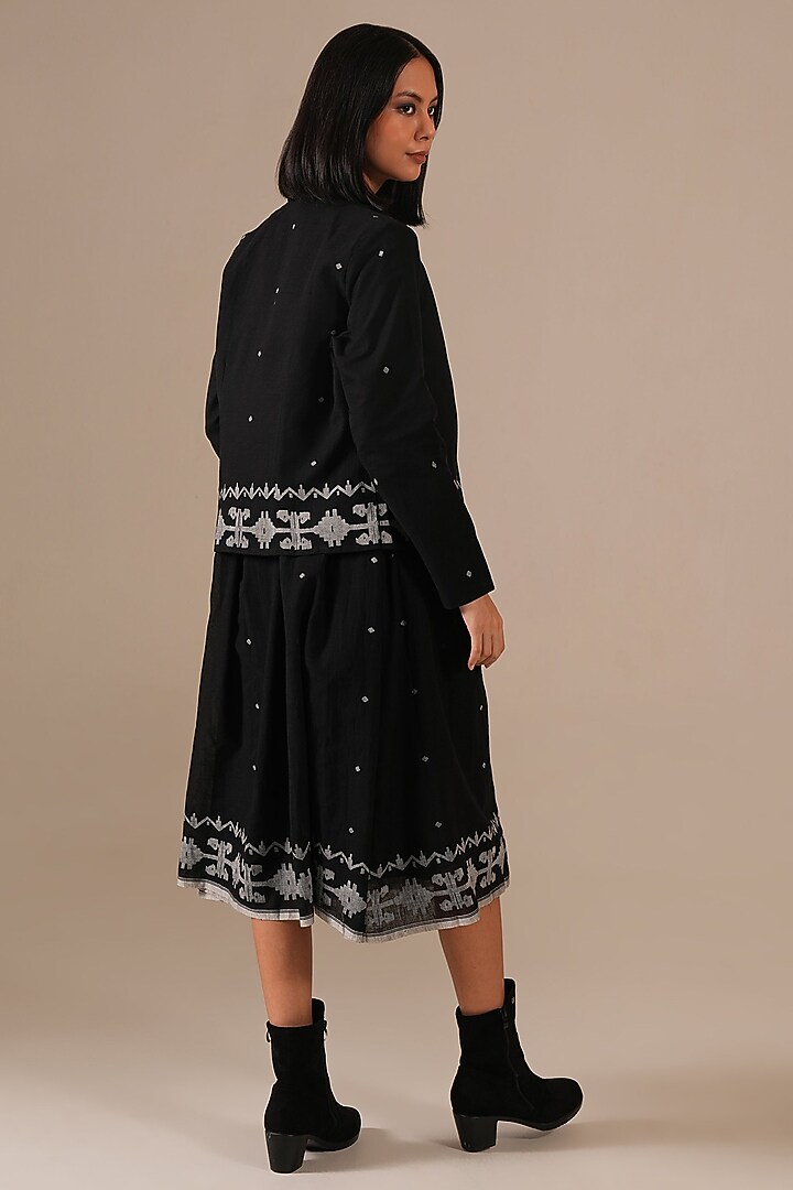Black Handwoven Jamdani & Cotton Gathered Vacation Dress With Jacket by Indigo Dreams at Pernia's Pop Up Shop