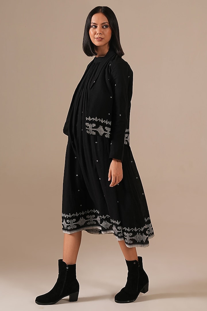 Black Handwoven Jamdani & Cotton Gathered Vacation Dress With Jacket by Indigo Dreams at Pernia's Pop Up Shop