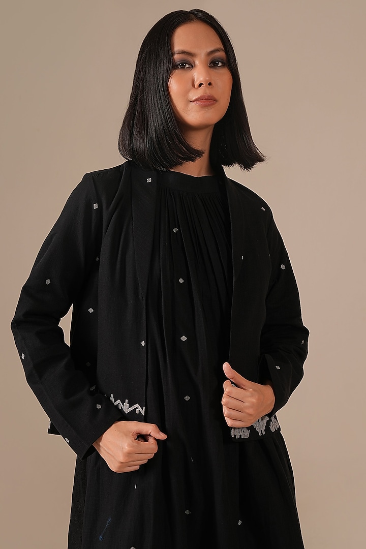 Black Handwoven Jamdani & Cotton Gathered Vacation Dress With Jacket by Indigo Dreams at Pernia's Pop Up Shop