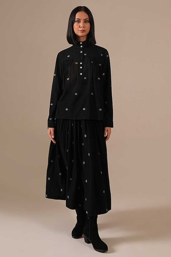Black Handwoven Jamdani & Cotton Gathered Skirt Set by Indigo Dreams at Pernia's Pop Up Shop