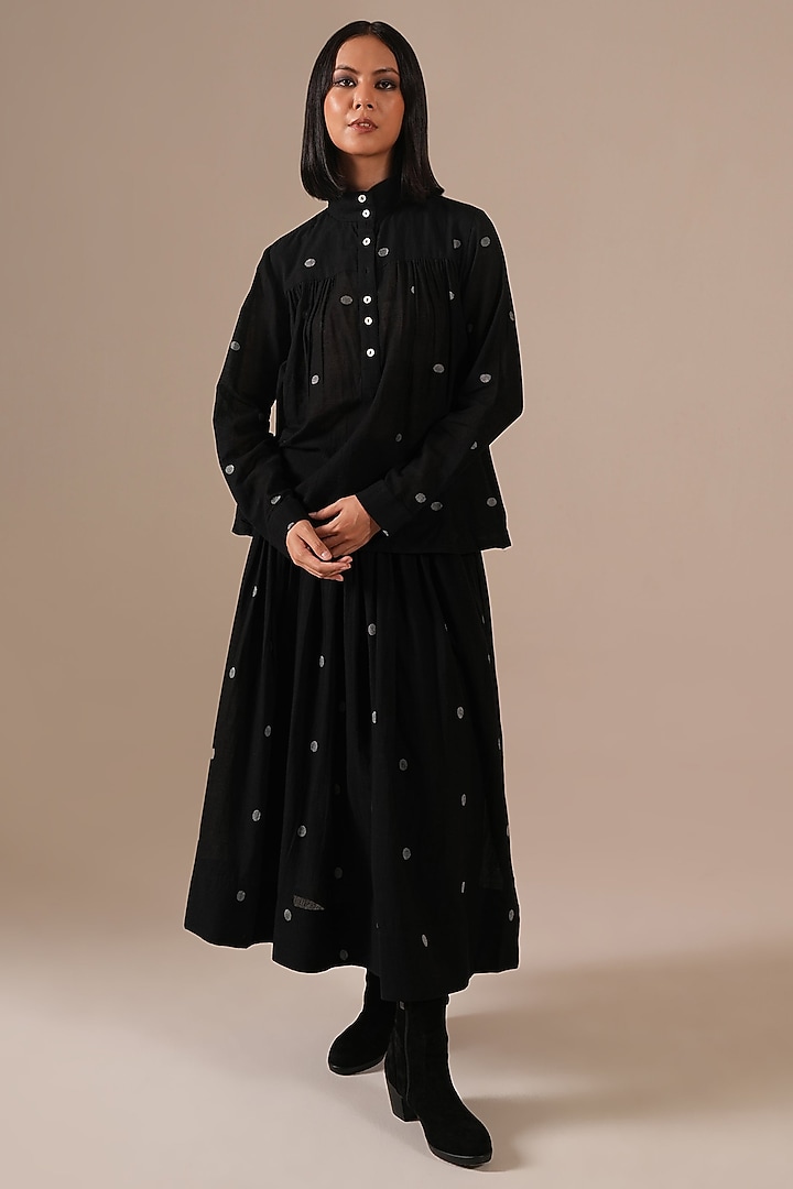 Black Handwoven Jamdani & Cotton Gathered Skirt Set by Indigo Dreams at Pernia's Pop Up Shop