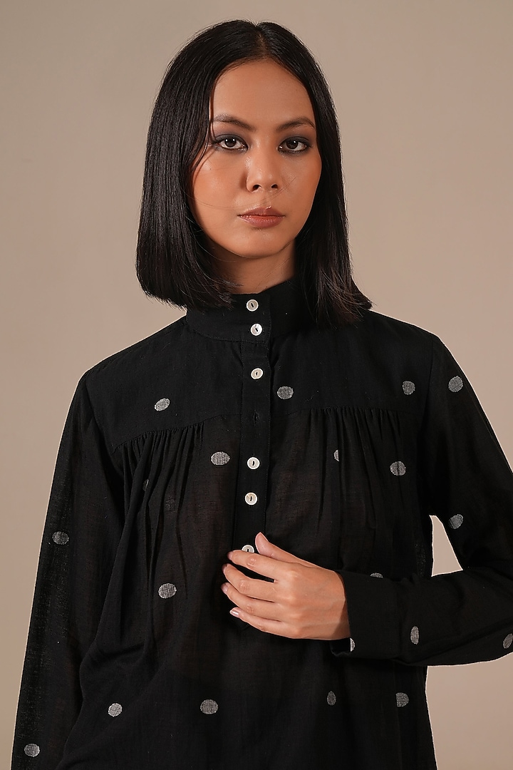 Black Handwoven Jamdani & Cotton Gathered Skirt Set by Indigo Dreams at Pernia's Pop Up Shop