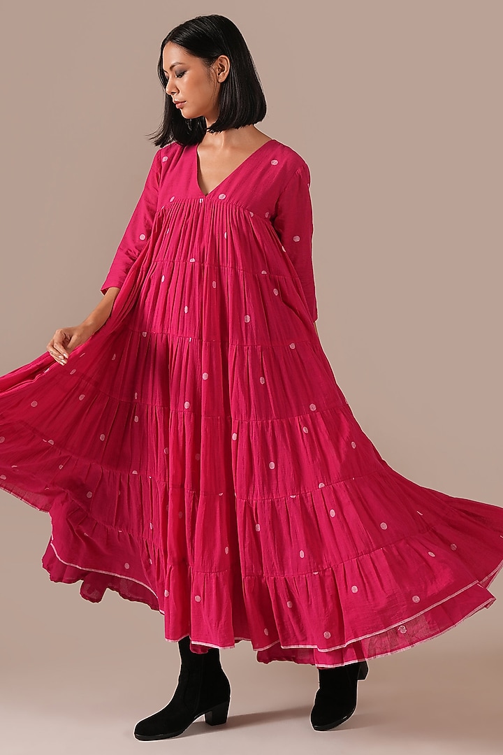 Red Cotton V-Neck Gathered Vacation Dress by Indigo Dreams at Pernia's Pop Up Shop