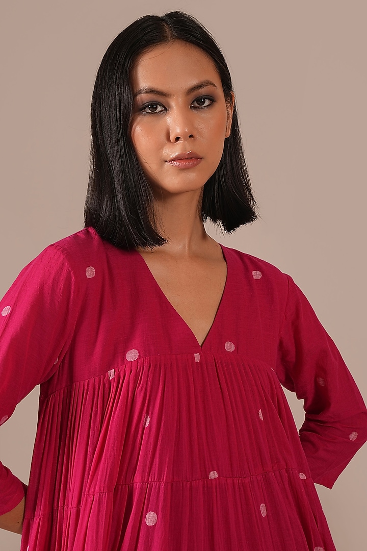 Red Cotton V-Neck Gathered Vacation Dress by Indigo Dreams at Pernia's Pop Up Shop