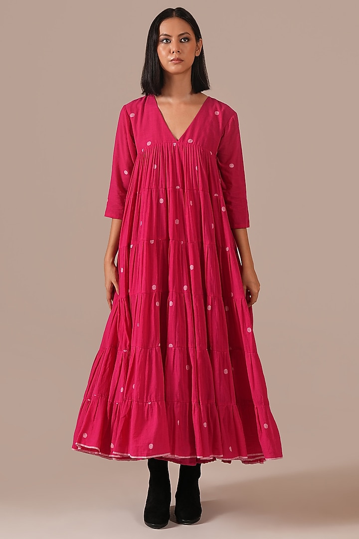 Red Cotton V-Neck Gathered Vacation Dress by Indigo Dreams at Pernia's Pop Up Shop