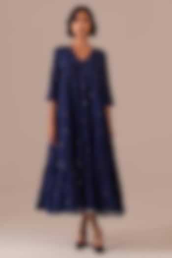 Blue Cotton V-Neck Gathered Vacation Dress by Indigo Dreams at Pernia's Pop Up Shop