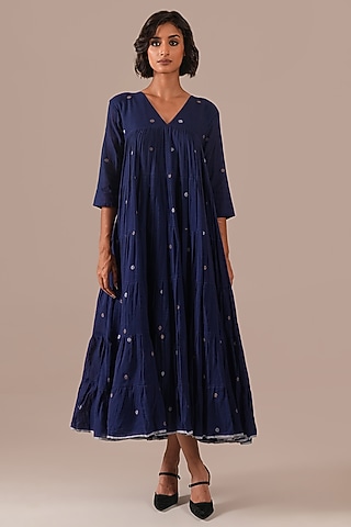 Blue Cotton V-Neck Gathered Dress by Indigo Dreams