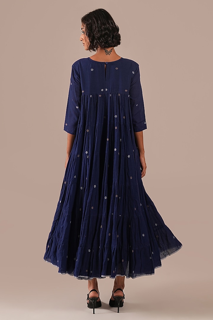 Blue Cotton V-Neck Gathered Vacation Dress by Indigo Dreams at Pernia's Pop Up Shop