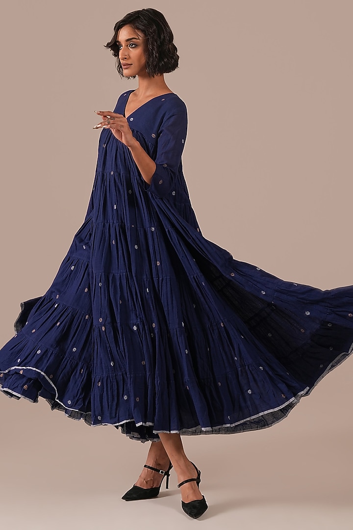 Blue Cotton V-Neck Gathered Vacation Dress by Indigo Dreams at Pernia's Pop Up Shop