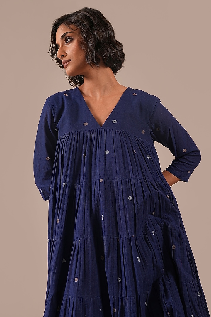 Blue Cotton V-Neck Gathered Vacation Dress by Indigo Dreams at Pernia's Pop Up Shop