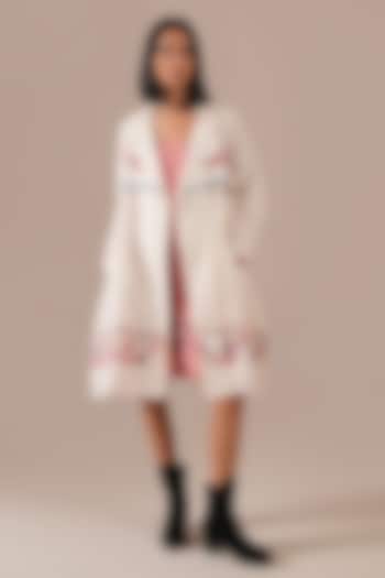 Red Handwoven Jamdani Slip Vacation Dress With Jacket by Indigo Dreams at Pernia's Pop Up Shop