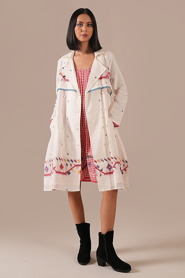 Red Handwoven Jamdani Slip Vacation Dress With Jacket by Indigo Dreams at Pernia's Pop Up Shop
