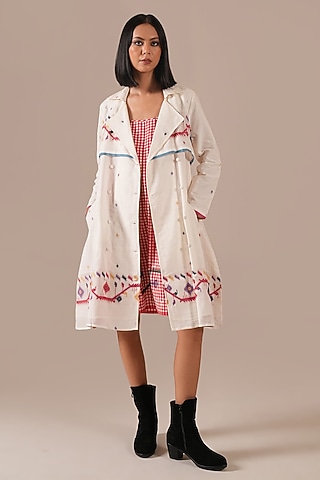 Red Handwoven Jamdani Slip Dress With Jacket by Indigo Dreams