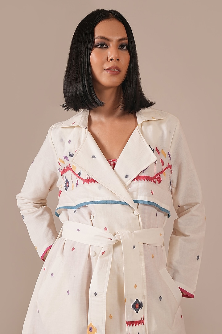 Red Handwoven Jamdani Slip Vacation Dress With Jacket by Indigo Dreams at Pernia's Pop Up Shop