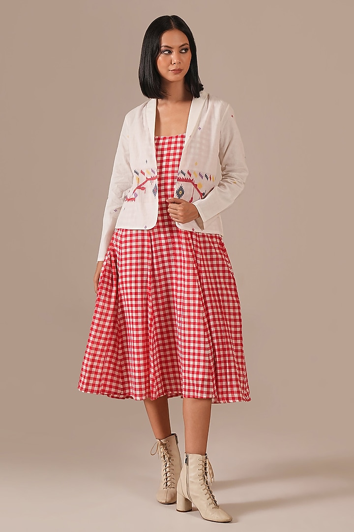 Red Handwoven Jamdani Summer Dress With Jacket by Indigo Dreams at Pernia's Pop Up Shop