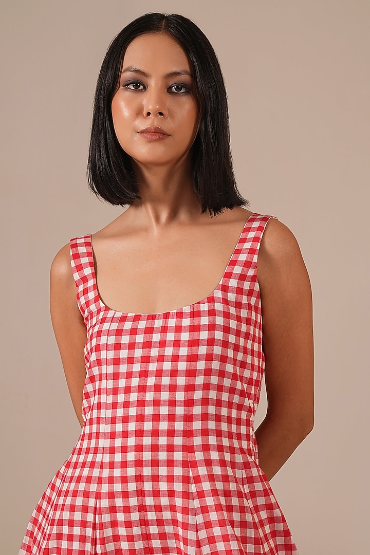 Red Handwoven Jamdani Summer Dress With Jacket by Indigo Dreams at Pernia's Pop Up Shop