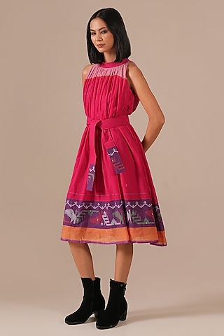 Red & Pink Handwoven Jamdani Gathered Dress by Indigo Dreams