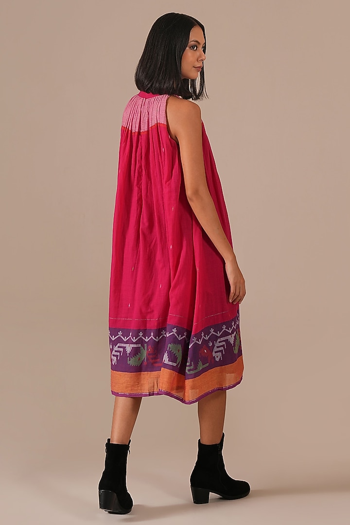 Red & Pink Handwoven Jamdani Gathered Summer Dress by Indigo Dreams at Pernia's Pop Up Shop