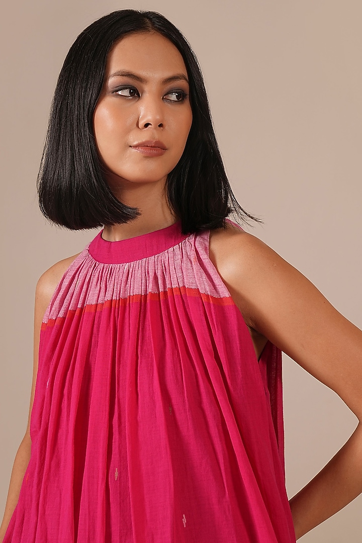 Red & Pink Handwoven Jamdani Gathered Summer Dress by Indigo Dreams at Pernia's Pop Up Shop