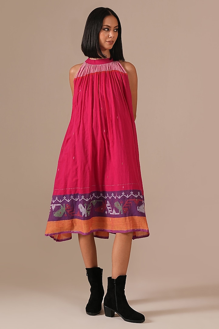 Red & Pink Handwoven Jamdani Gathered Summer Dress by Indigo Dreams at Pernia's Pop Up Shop