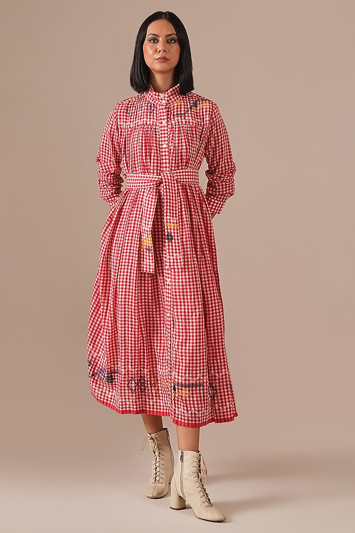 Red Handwoven Jamdani Tiered Vacation Shirt Dress by Indigo Dreams at Pernia's Pop Up Shop